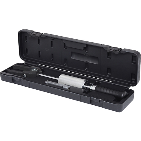 Werkzeug-Set in schwarzem Koffer, bestehend aus verschiedenen Metall- und Kunststoffteilen.